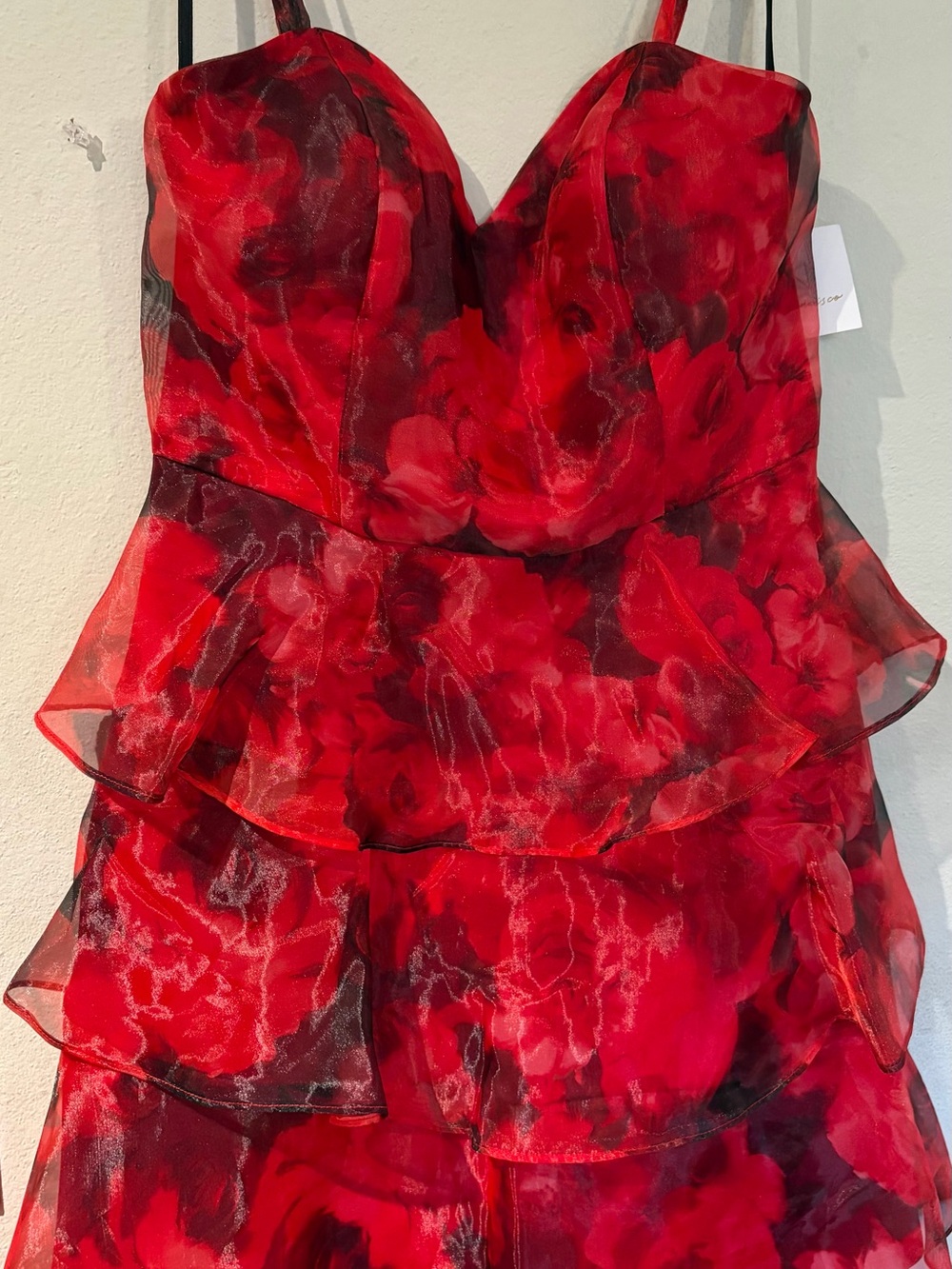 Red Floral Tiered Organza Dress - Women
